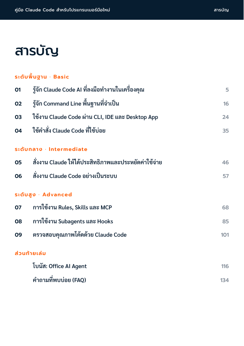 สารบัญ - คู่มือ Claude Code สำหรับโปรแกรมเมอร์มือใหม่